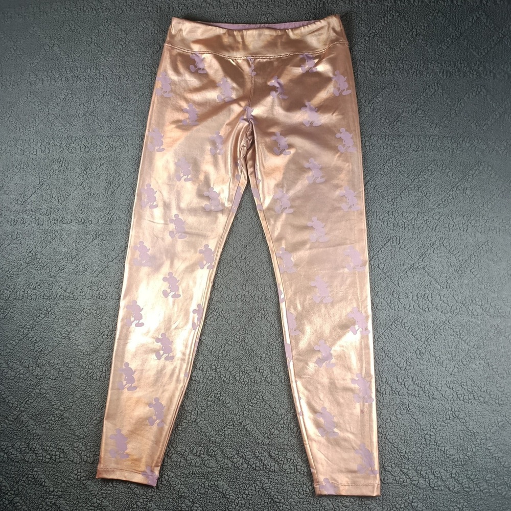 Disney Women's M Mickey Mouse Rose Gold Metallic Shiny Leggings Lavender Print